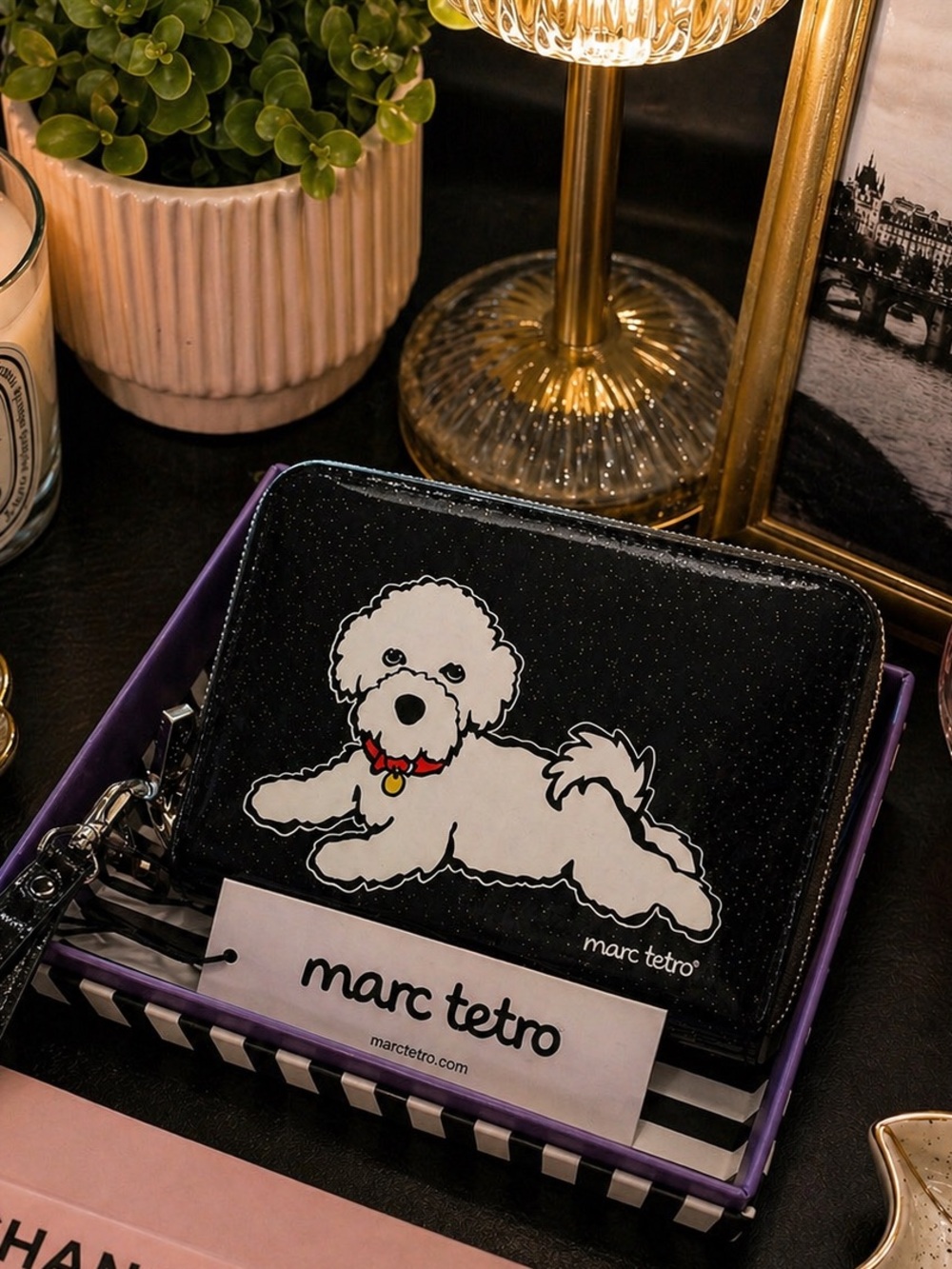 NIB Marc Tetro Bichon Frisée Dog Black Wallet Gift Boxed Wristlet Faux Leather